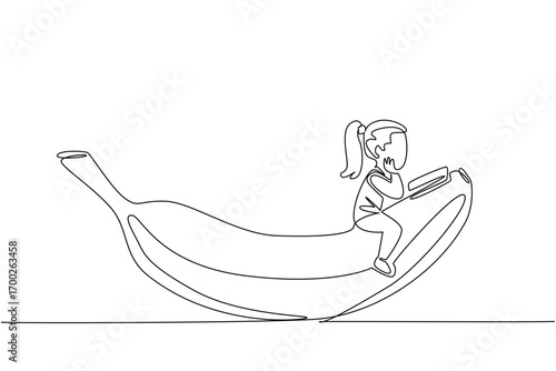 Single continuous line drawing girl reading on banana. Read the exciting experience of playing banana boat. Embracing. Girl Reading Book at Vegetables and Fruits. One line design vector illustration
