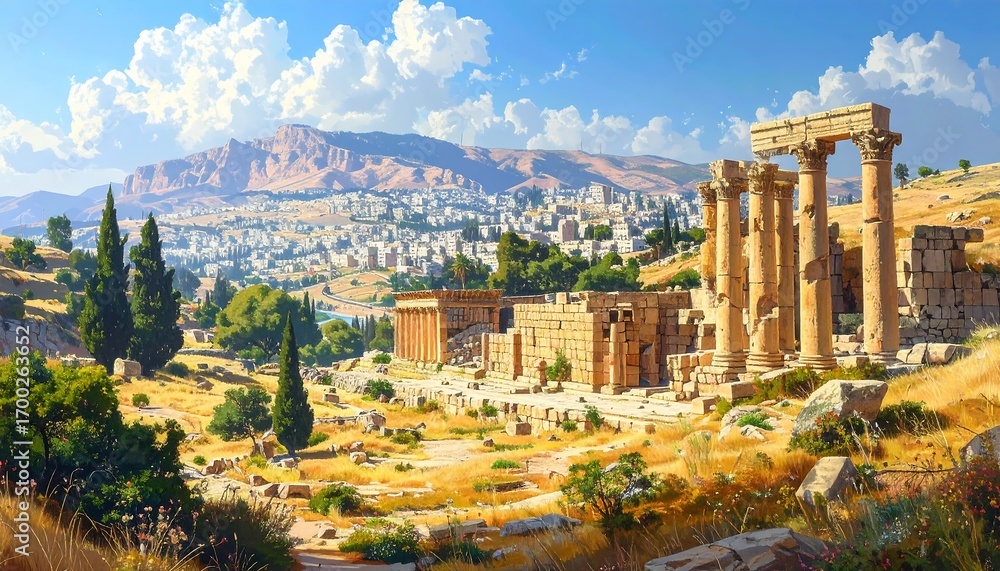 Naklejka premium A scenic vista of ancient ruins, bathed in sunlight, showcases a historical site amidst a backdrop of mountains and a city.