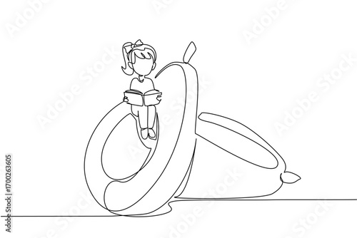 Continuous one line drawing girl reading on a cored avocado. Read carefully before processing avocados. Juice. Girl Reading Book at Vegetables and Fruits. Single line draw design vector illustration
