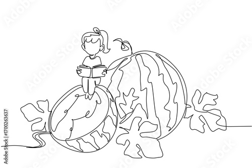 Continuous one line drawing girl reading on a watermelon cut in half. Memorize the exam material. Study hard. Girl Reading Book at Vegetables and Fruits. Single line draw design vector illustration