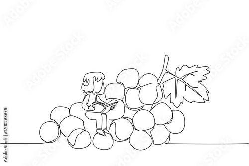 Single one line drawing girl reading on a pile of grapes. Find out how to cultivate grapes to make them sweet. Girl Reading Book at Vegetables and Fruits. Continuous line design graphic illustration