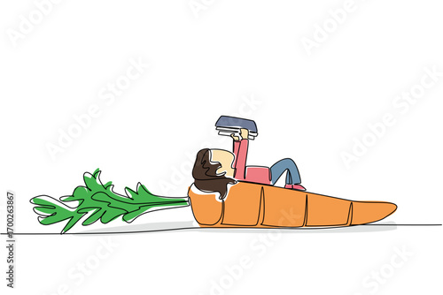 Single one line drawing young girl reading on carrot with leaves. Bad example of reading while sleeping. Nerd. Girl Reading Book at Vegetables and Fruits. Continuous line design graphic illustration