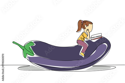 Single continuous line drawing girl reading on eggplant. Looking for a way to make eggplant more delicious when cooked. Girl Reading Book at Vegetables and Fruits. One line design vector illustration
