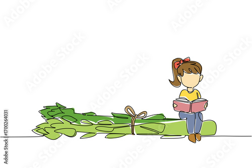 Single continuous line drawing girl reading on asparagus. Seriously read about the benefits of asparagus for the body. Girl Reading Book at Vegetables and Fruits. One line design vector illustration