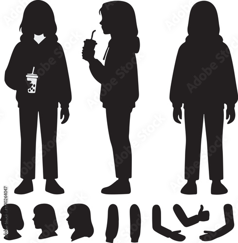 Girl Silhouette Character Set with Bubble Tea and Interchangeable Poses and Gestures
