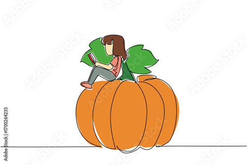 Single continuous line drawing girl reading on pumpkin leaf. Read history of the beginning of the Halloween celebration. Girl Reading Book at Vegetables and Fruits. One line design vector illustration