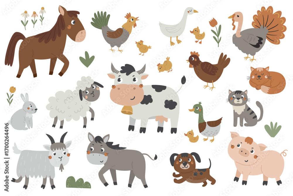 Obraz premium Vector set of cute Farm animals. Well suited for use in children's rooms, books, kindergarten and other kids design