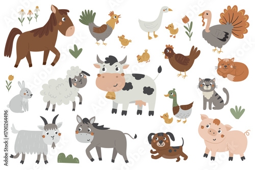Vector set of cute Farm animals. Well suited for use in children's rooms, books, kindergarten and other kids design