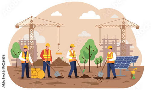 A group of construction workers are digging in the dirt. The workers are wearing hard hats and safety vests. The scene is set in a construction site with a few trees in the background