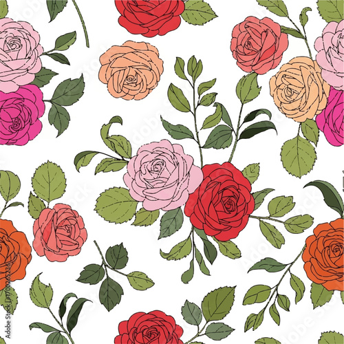 Floral Pattern with Colorful Roses and Green Leaves on White Background