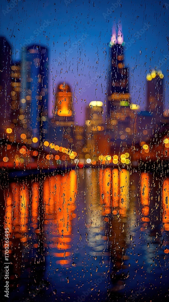 Obraz premium Rainy Night Cityscape Through Wet Window