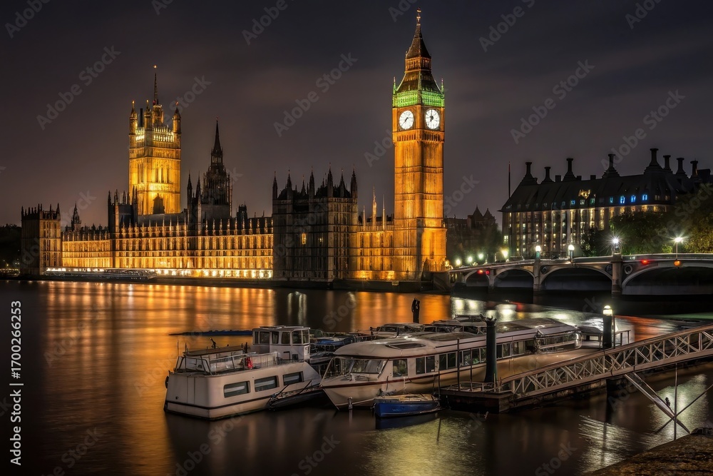 Obraz premium Night scene of Big Ben illuminated with warm lights, Houses of Parliament glowing in the background,