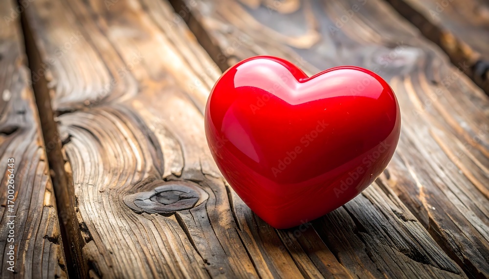 Fototapeta premium A polished, vibrant red heart rests upon a weathered wooden surface, evoking a sense of warmth and love.