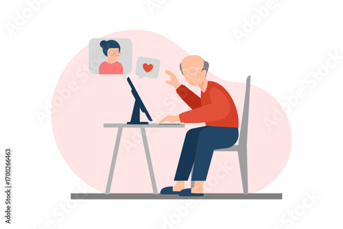 Elderly people using internet. Modern senior man with laptop is using internet to connect and talk with family to create long distance interaction in retirement life.flat style.