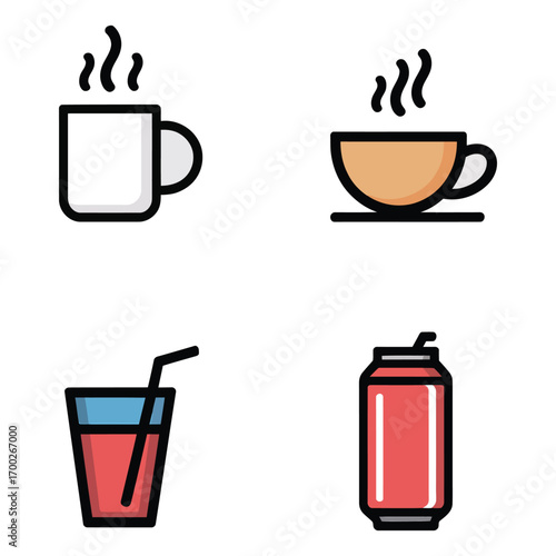 Icon set of different beverage options including coffee soda and juice illustration