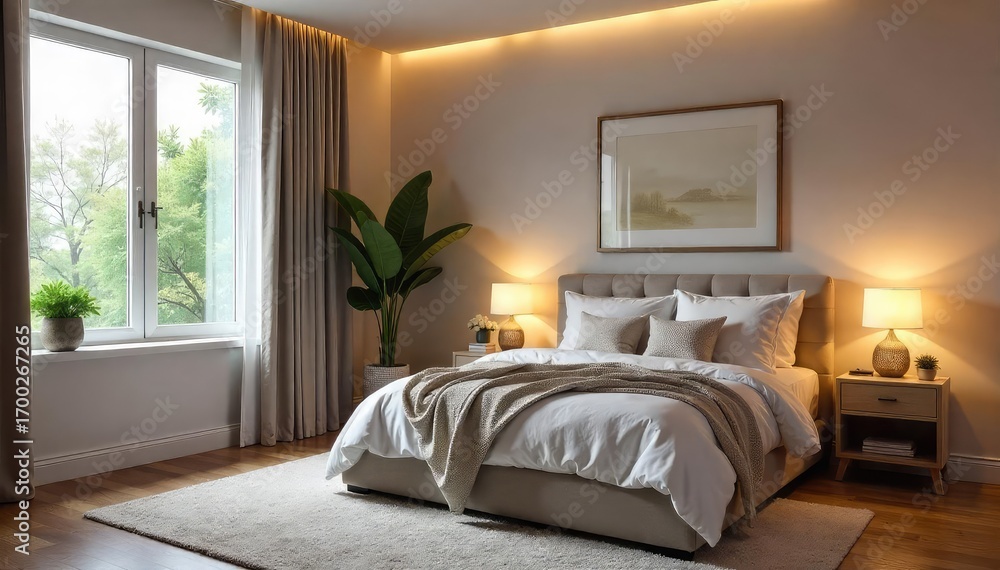 Fototapeta premium Serene and sophisticated mommy bedroom interior design Soft lighting, plush textiles, and calming decor create a relaxing sanctuary Perfect for a peaceful night's rest , spa-like, pillows, design