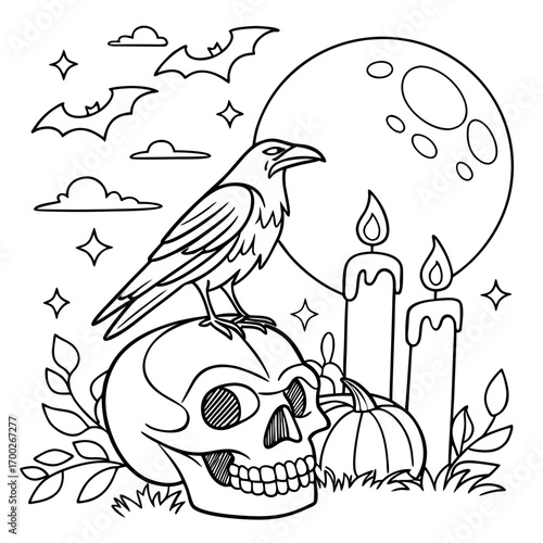 Halloween coloring page vector illustration featuring a spooky scene with a crow perched on a skull, jack-o-lantern pumpkin, candles, bats flying in the night sky, and a full moon vector illustration 