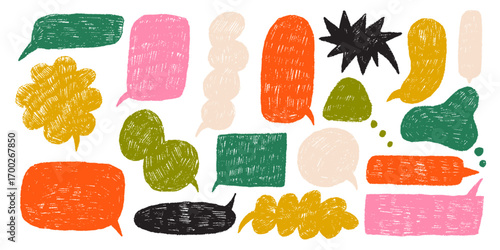 Crayon Speech Text Box Frame. Hand Drawn Talk Cloud Balloon. Doodle Vector Pencil Illustration