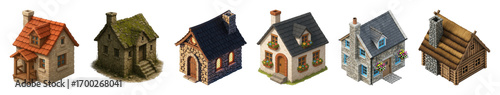 Isometric fantasy house set including stone cottages, wooden huts, tiled roof homes, and thatched structures isolated. Ideal for game development, digital art, and illustrations.