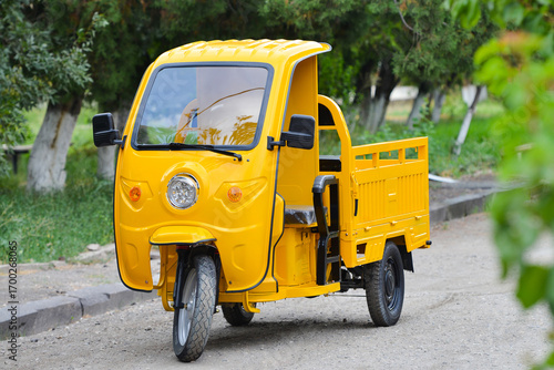 Yellow electric cargo tuk tuk in the park