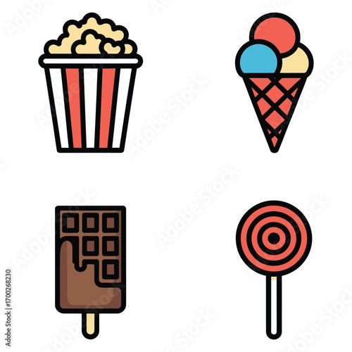 Variety of sweet treats icon set including popcorn ice cream chocolate and lollipop