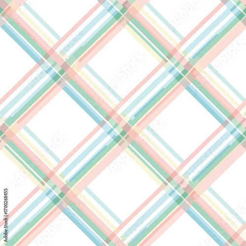 Pastel plaid pattern with intersecting stripes in soft colors on white background, seamless pattern, Stock royalty free image.