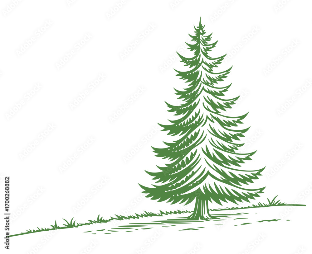 Obraz premium Drawn forest fir tree on white background. Sketch of fir tree. Vector illustration