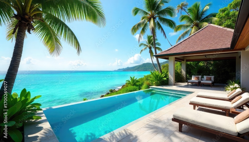Fototapeta premium Sun-drenched private villa overlooking a turquoise ocean, infinity pool sparkling, lush tropical foliage framing the scene Perfect escape, ultimate relaxation , luxury resort, sun