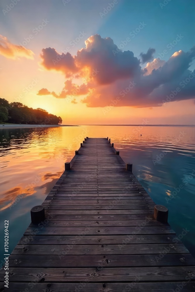 Obraz premium Tranquil scene of a wooden dock extending into calm waters, meeting a serene shoreline at sunset Perfect for travel, nature, and relaxation themes , peaceful, twilight, wood