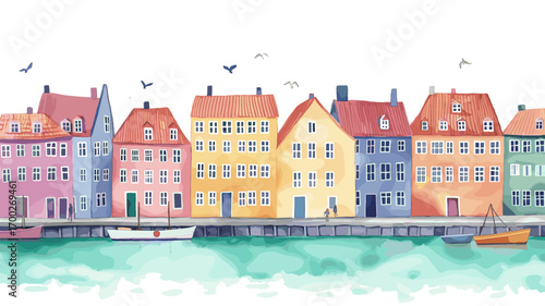 Nyhavn. Nyhavn watercolor vector illustration