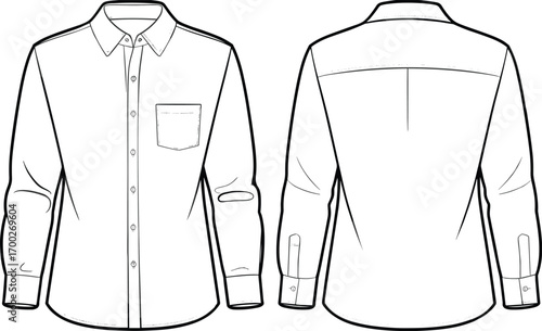 Long sleeve button up shirt technical flat sketch, front and back view, fashion CAD drawing, apparel design vector illustration, garment construction template
