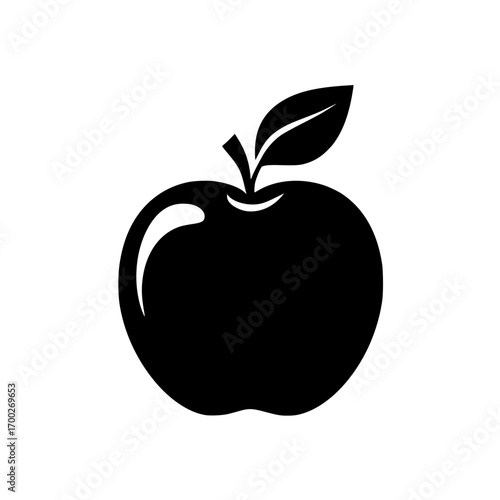 Bold black apple icon with a single leaf offers a clean modern visual for healthy food and branding.