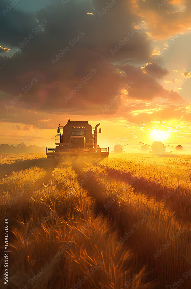 Fototapeta premium Group of harvesters harvesting ripe wheat field in autumn with sunset. Concept of agriculture, agronomy and crop collection.