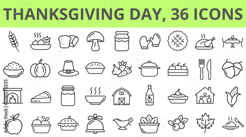 Set of Thanksgiving Day outline icons. Autumn harvest feast, traditional food, holiday celebration concept. Vector icon collection for web, app design