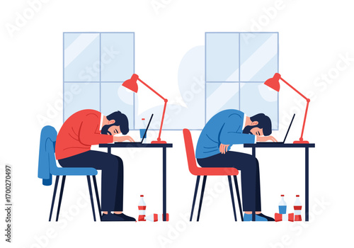 Two exhausted coworkers slump over their desks at work feeling very tired