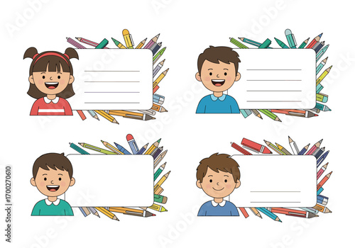 Cute children name tag labels with colorful pencil borders for school supplies