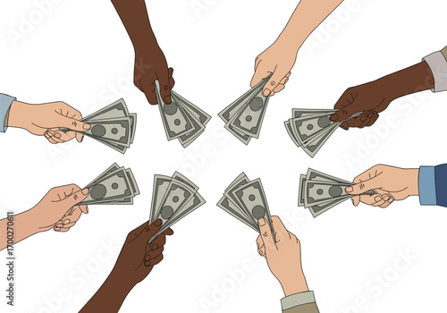 Diverse hands contribute money to shared financial goal together