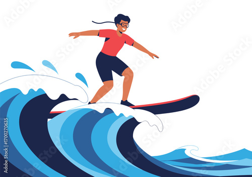Young person riding a surfboard on a large ocean wave