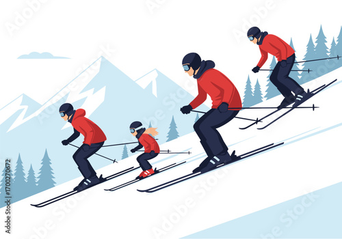 Family skiing adventure down a snowy mountain slope