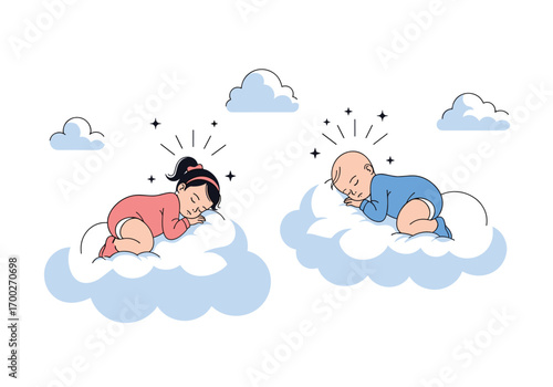 Adorable babies sleeping peacefully on fluffy white clouds