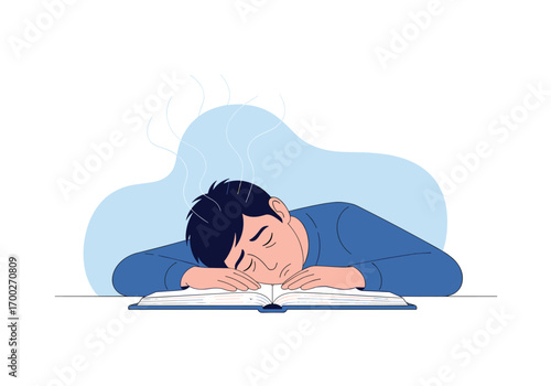Tired student falls asleep while studying late at night