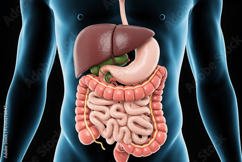 Fototapeta Naklejka Na Ścianę i Meble -  full 3d model of the human digestive system showing stomach intestines liver and other organs for medical study education and healthcare awareness on digestion process and anatomy