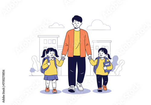 Father walking his two daughters to school holding hands