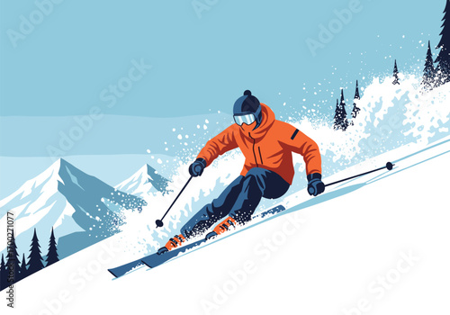 An expert skier carving down a snowy mountain slope with snow spray flying