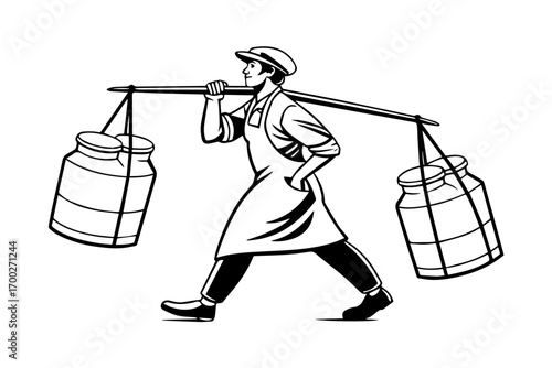Milk seller carrying milk cane on the shoulder 