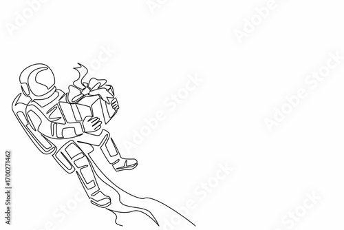 Continuous one line drawing astronaut flying using jetpack and holding gift box. Technology that makes human life easier. A memory. National Astronaut Day. Single line draw design vector illustration
