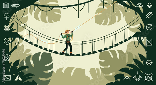 Adventurer crossing rope bridge in jungle illustration with graphical elements