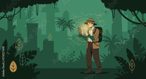 Adventurer discovering an ancient artifact in the jungle with augmented reality interface