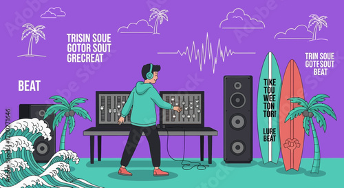 Creating a summer vibe track with music production in a tropical beach studio