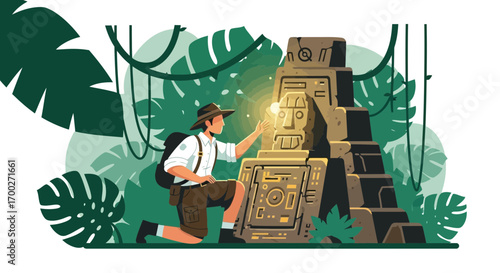 Adventurer discovers ancient civilization treasure in jungle discovery and exploration vector